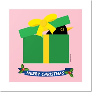 Cute Blackbird Peeking Out Of A Gift Box - MERRY CHRISTMAS Posters and Art